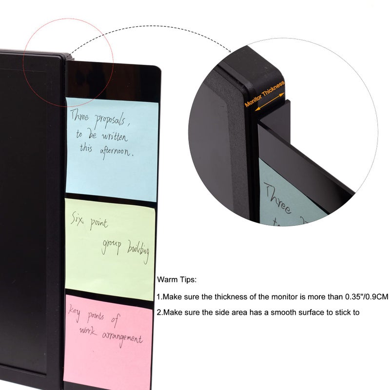 YOCOOLFUN 2 Pack Black Computer Monitor Memo Board for No Edge Monitors Monitor Sticky Note Holder Computer Monitor Message Board Top Mount Left and Right - Image 2